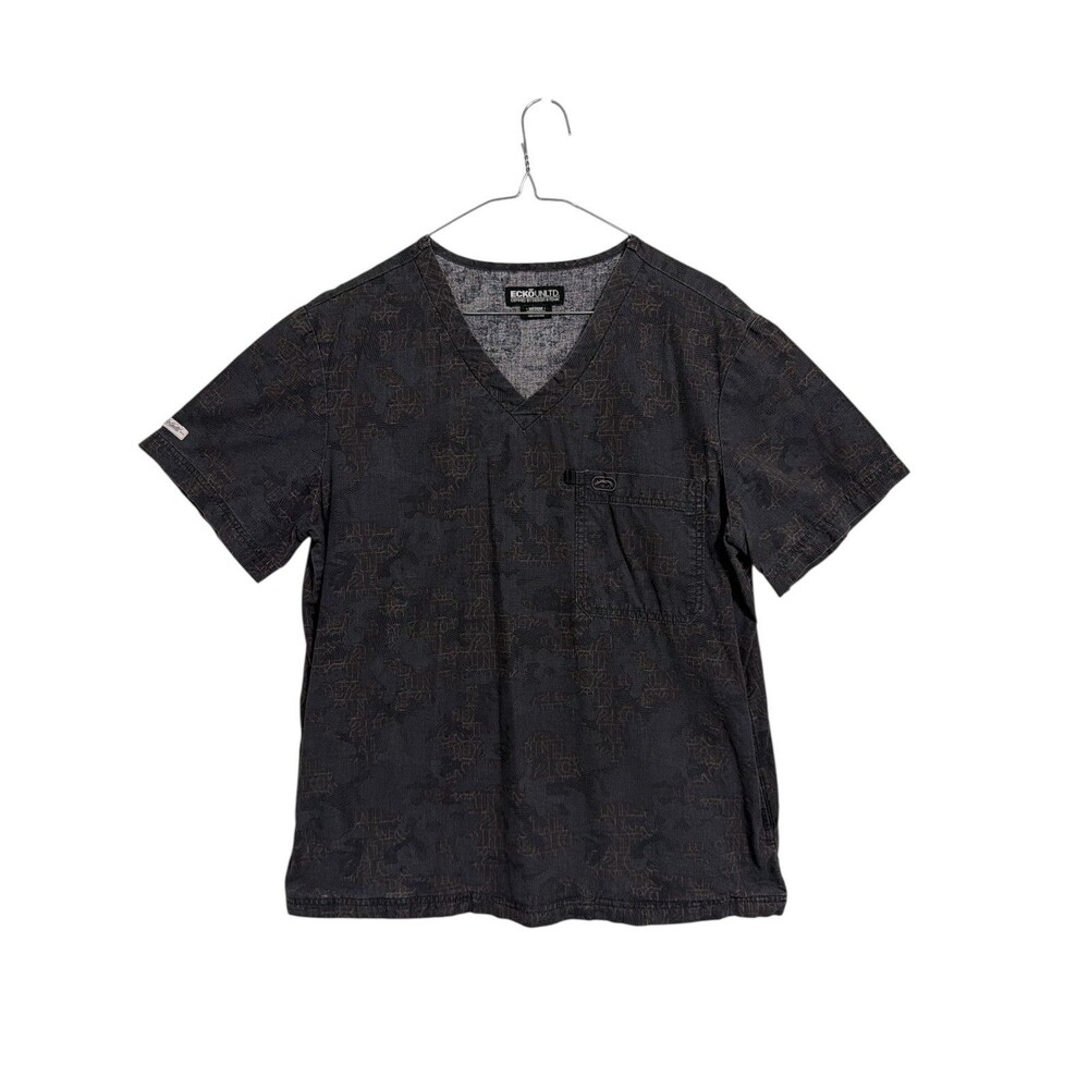 ECKO Unltd Scrub Top Medium Mens Gray Short Sleeve V-Neck 100% cotton Pocket